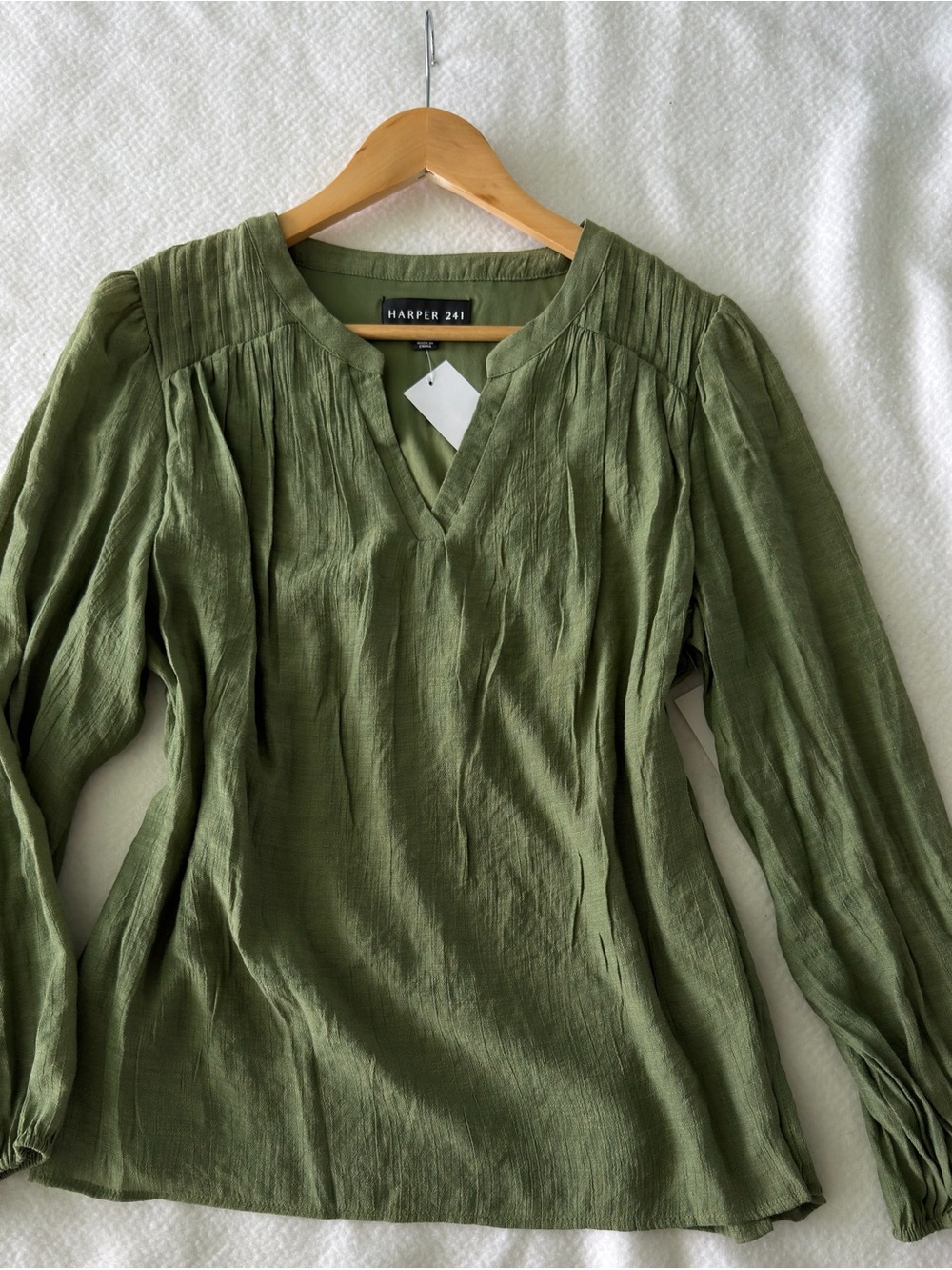 Harper Olive Green Pintuck V-Neck Blouse